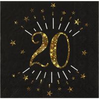 Santex Verjaardag feest servetten leeftijd - 10x - 20 jaar - goud - 33 x 33 cm - Feestservetten