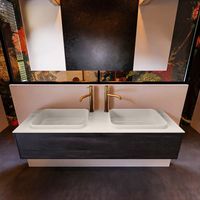 Badkamermeubelset Mondiaz Erin 150 cm met 1 Lade met RIDGE Wastafel Dubbel Linen met 2 kraangaten Greeploos Mat Dark Brown