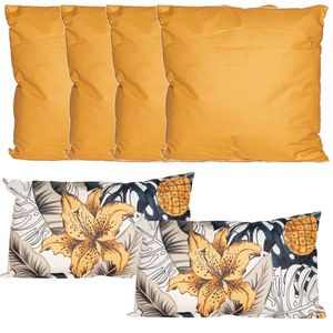 Bank/tuin kussens set - binnen/buiten - 6x stuks - okergeel/tropical summer print - In 2 formaten