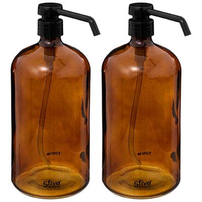 Zeeppompje/zeepdispenser van glas - 2x - bruin - 1 liter