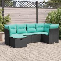 6-delige Loungeset met kussens poly rattan zwart