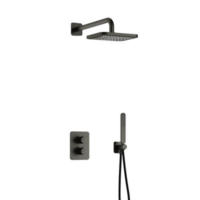 Hotbath Gal - Inbouw Regendoucheset - Geborsteld Gunmetal PVD - Thermostatisch - Wandarm 35 cm - Hoofddouche 220 mm - Staafhanddouche - met 2-Weg Stop-Omstel