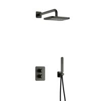 Hotbath Gal - Inbouw Regendoucheset - Geborsteld Gunmetal PVD - Thermostatisch - Wandarm 35 cm - Hoofddouche 220 mm - Staafhanddouche - met 2-Weg Stop-Omstel