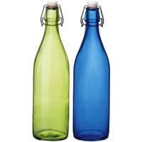 Deco of weckflessen set - 4x stuks - met beugeldop - 30 cm - 1 liter - blauw en groen