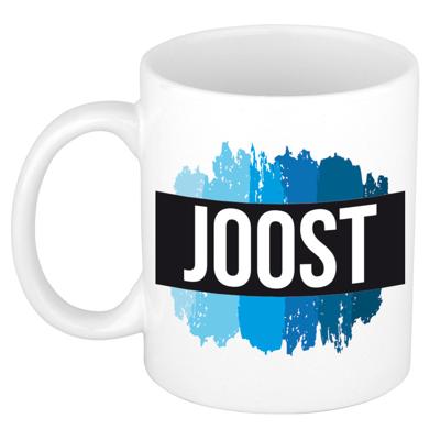 Joost naam cadeau koffie mok - beker - met blauw verfstrepen - Cadeau collega - vaderdag