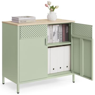 Metalen opbergkast met dubbele deur en verstelbare plank, Lauriergroen + Natuurlijke Eik / 40 x 80 x 76 cm