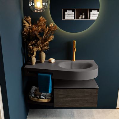 MONDIAZ RIVA 100cm badmeubel onderkast / planchet kleur Dark_Brown met 1 lade. Wastafel DULCET rechts 1 kraangat kleur Dark_Grey. MONDIAZ RIVA 100cm badmeubel onderkast / planchet kleur Dark_Brown met 1 lade. Wastafel DULCET rechts 1 kraangat kleur Dark_Grey.