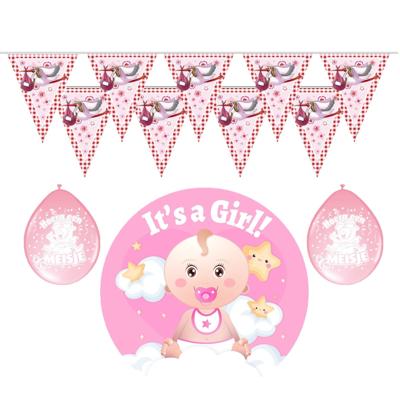 Geboorte baby meisje thema versiering - 19 artikelen - roze - binnen - slingers - ballonnen - bord