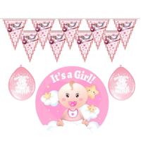Geboorte baby meisje thema versiering - 19 artikelen - roze - binnen - slingers - ballonnen - bord