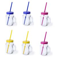 Set van 9x glazen drinkbekers dop/rietje 500ml geel/blauw/roze - thumbnail