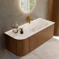 Mondiaz KURVE-DLUX 115 cm Onderkast Greeploos 1 Lade Met Deuren Walnut, Wastafel Solid Surface Rechts Frappe 1 Kraangat Zonder Spiegel (KRVBGS115L1L1D1KR-Wal/Fra)