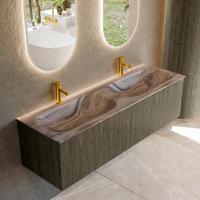 Badmeubel Mondiaz Kurve-Dlux | 150 cm | Meubelkleur Shadow | Wastafelkleur Sombra | Solid surface | Wasbak beide zijden spoelbak | 2 kraangaten