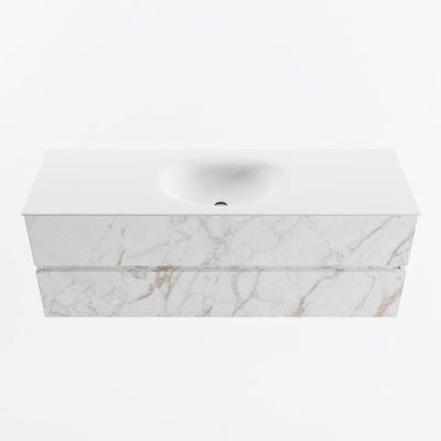 MONDIAZ VICA 140cm badmeubel onderkast Carrara 2 lades. Wastafel MOON midden 1 kraangat, kleur Talc.