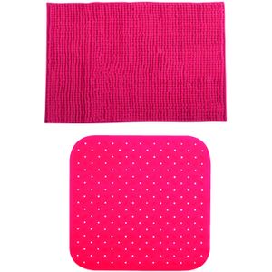 MSV Douche anti-slip mat en droogloop mat - Sevilla badkamer set - rubber/microvezel - fuchsia roze