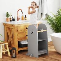 Montessori 3-In-1 Leertoren voor Kinderen Opstapkruk met 3 Verstelbare Hoogtes en Dubbelzijdig Bord Trapkruk Keukenhulp Grijs