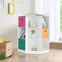 Kinderrek met 3 Verdiepingen met 6 Open Planken en 3 Gekleurde Manden Modern Hoekrek Opbergkast met 9 Vakken (Wit)