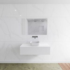 Badkamermeubelset Mondiaz LAGOM 110 cm met Topblad Gecentreerde Wastafel Solid Surface Opzetkom Binx Zonder Kraangaten Mat Wit (1 lade)