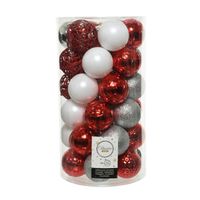 37x stuks kunststof kerstballen zilver/rood/wit 6 cm mat/glans/glitter - Kerstbal - thumbnail
