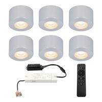 Set van 6 Navarra Mini LED Opbouwspots met Trafo - 12 Volt 3 Watt 200 lumen - Dimbaar - Plat 21,5mm - 2700K - IP44 waterdicht - Aluminium