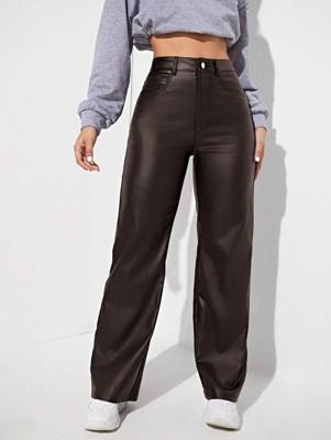 Bon&Bon Women's Brown PU Leather Straight Leg Pants | High Stretch Casual Rust Brown / S