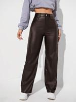 Bon&Bon Women's Brown PU Leather Straight Leg Pants | High Stretch Casual Rust Brown / S