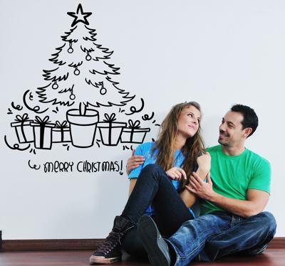 Muursticker kerstboom tekst Merry Christmas