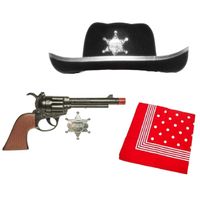 Cowboys speelgoed/verkleed hoed zwart met revolver set kinderen 4-delig - thumbnail