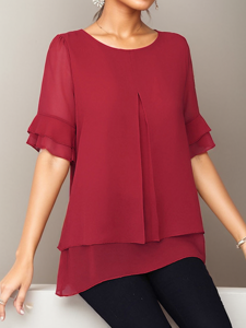 Women's Half Sleeve Blouse Summer Orange Plain Chiffon Crew Neck Ruffle Sleeve Daily Going Out Casual Tunic Top