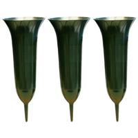 Grafvaas groen - 3x - 31 cm - kunststof - met prikker - begraafplaats/grafdecoratie