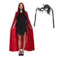 Halloween gemaskerd bal verkleedset - Oogmasker zwart - Lange cape met capuchon rood - volwassenen