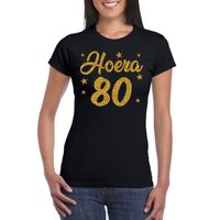 Hoera 80 jaar verjaardag cadeau t-shirt goud glitter op zwart dames - thumbnail