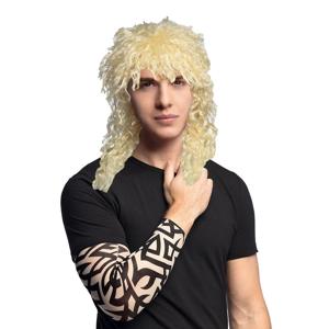 Carnaval Verkleed set Rocker/biker - Heren pruik blond en arm sleeves met tattoos