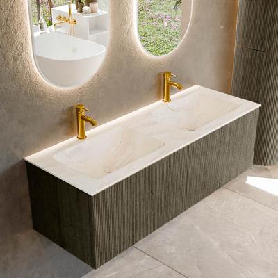 Badmeubel Mondiaz Kurve-Dlux | 130 cm cm | Meubelkleur Shadow | Wastafelkleur Ostra | Solid surface | Wasbak beiden zijden spoelbak | 2 kraangaten