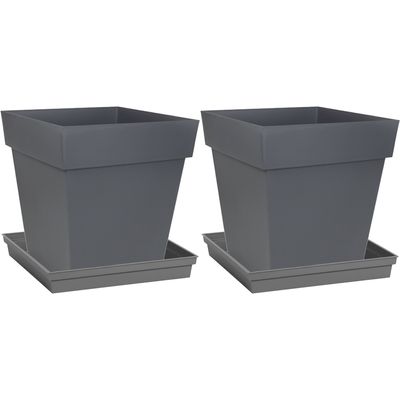 Set van 2x stuks bloempotten Toscane vierkant kunststof antraciet grijs 32 x 32 x 32 cm inclusief on