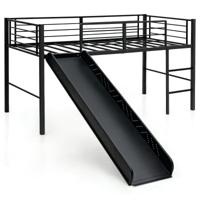 Hoogslaper met Glijbaan en Ladder Kinderbed met Lattenbodem en Valbeveiliging van Metaal voor Jongens en Meisjes 198 x 96 x 109 cm Zwart
