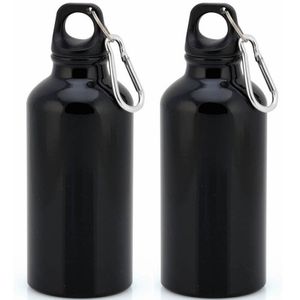 4x Stuks aluminium waterfles/drinkfles zwart met schroefdop en karabijnhaak 400 ml