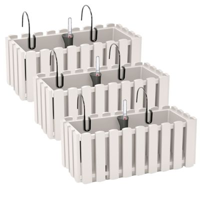 3x stuks fence-look ophang plantenbakken/bloembakken kunststof 38 x 18 x 16 cm parel wit