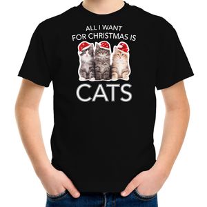 Kitten Kerst t-shirt / outfit All i want for Christmas is cats zwart voor kinderen