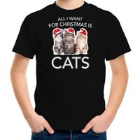 Kitten Kerst t-shirt / outfit All i want for Christmas is cats zwart voor kinderen