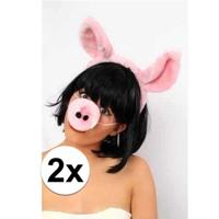 Diadeem - 2x stuks - varkensoren en neus - roze - haarband - varken accessoires