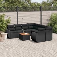 9-delige Loungeset met kussens poly rattan zwart