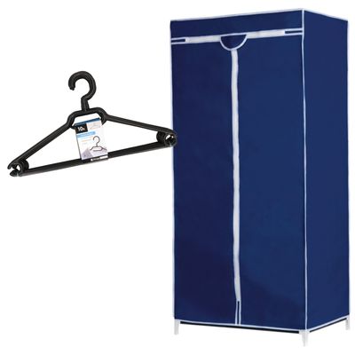 Set van mobiele opvouwbare kledingkast met blauwe hoes 160 cm en 10x plastic kledinghangers zwart