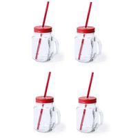 4x stuks Glazen Mason Jar drinkbekers rode dop en rietje 500 ml