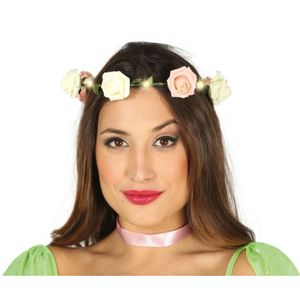 Verkleed haarband met bloemen en lampjes - roze - meisjes/dames - Hippie/Flower Power bloemenkrans   -