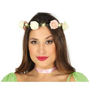 Verkleed haarband met bloemen en lampjes - roze - meisjes/dames - Hippie/Flower Power bloemenkrans