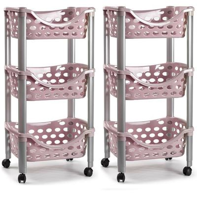 Set van 2x keukentrolley/roltafel 3 laags kunststof roze 40 x 65 cm