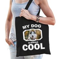 Husky honden tasje zwart volwassenen en kinderen - my dog serious is cool kado boodschappentasje