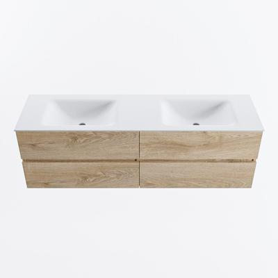 MONDIAZ VICA 160 cm badmeubel onderkast Washed Oak 4 lades. Wastafel CLOUD dubbel 2 kraangaten, kleur Talc. Mondiaz