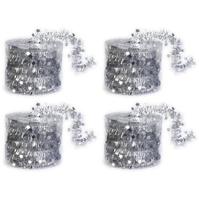 4x Dunne zilveren folie kerstslingers 3,5 x 700 cm