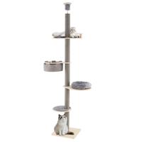 Vloer tot Plafond Krabpaal met Verstelbare Hoogte van 236-271 cm 5-Niveau Kattenkrabpaal met Platform in Grijs